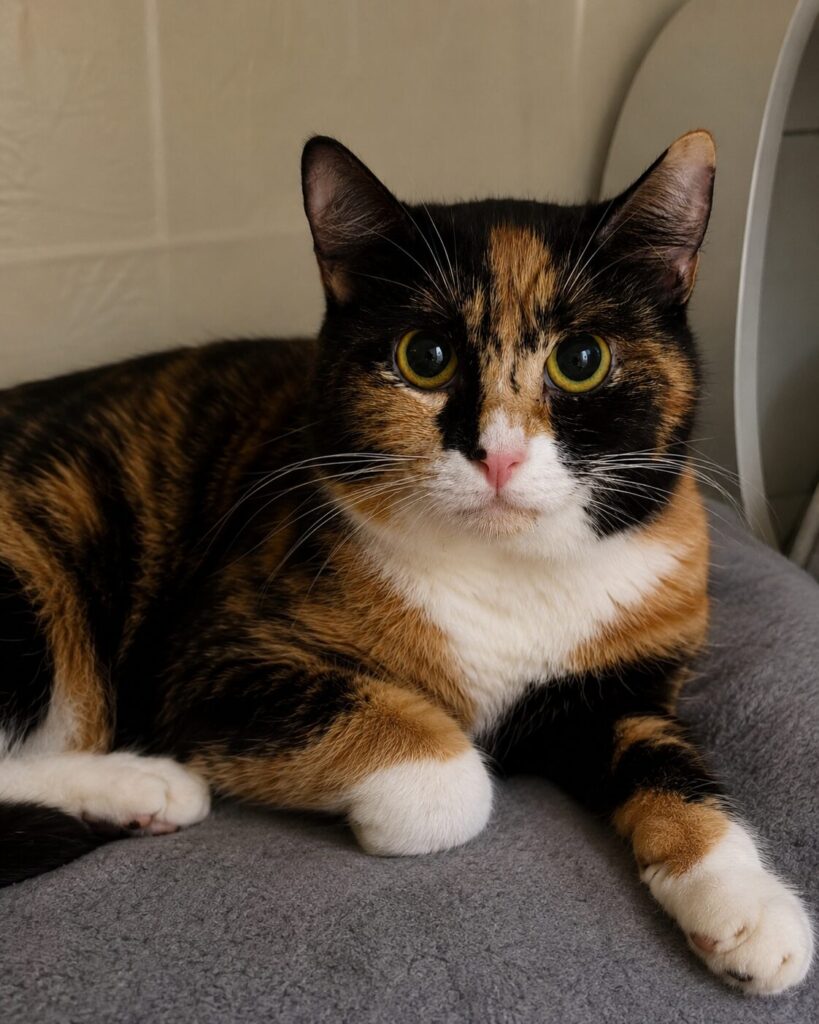 eine tri-color Katze sitzt auf einer Kiste mit Kissen 
und schaut. 