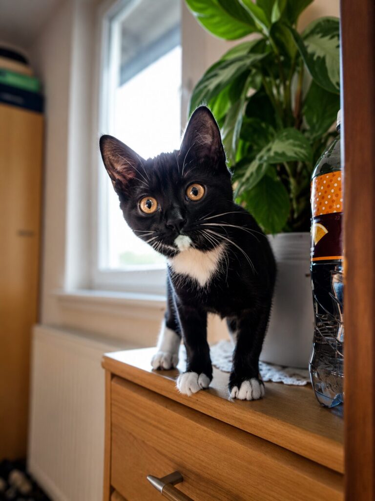 ein schwarz weisses kitten sitzt auf einem sideboard