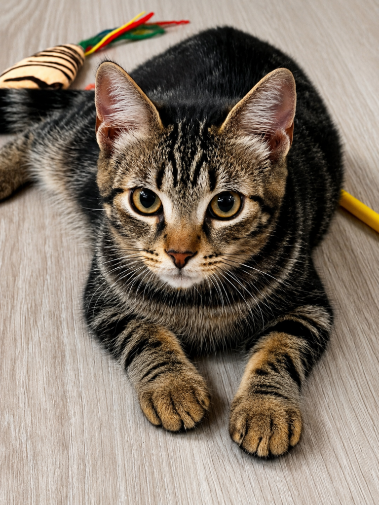 Ein getigerter Kater sitzt auf einem hellen Boden und schaut. 