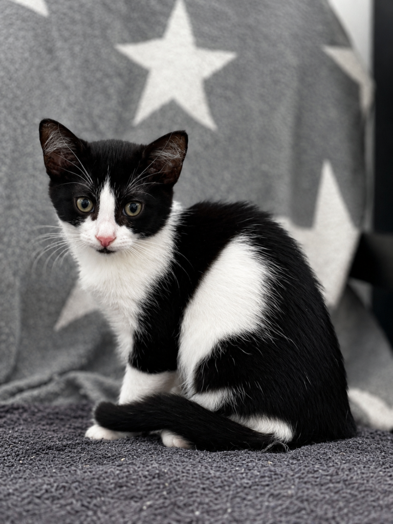 ein schwarz weisses kitten sitzt auf einem kratzbaum