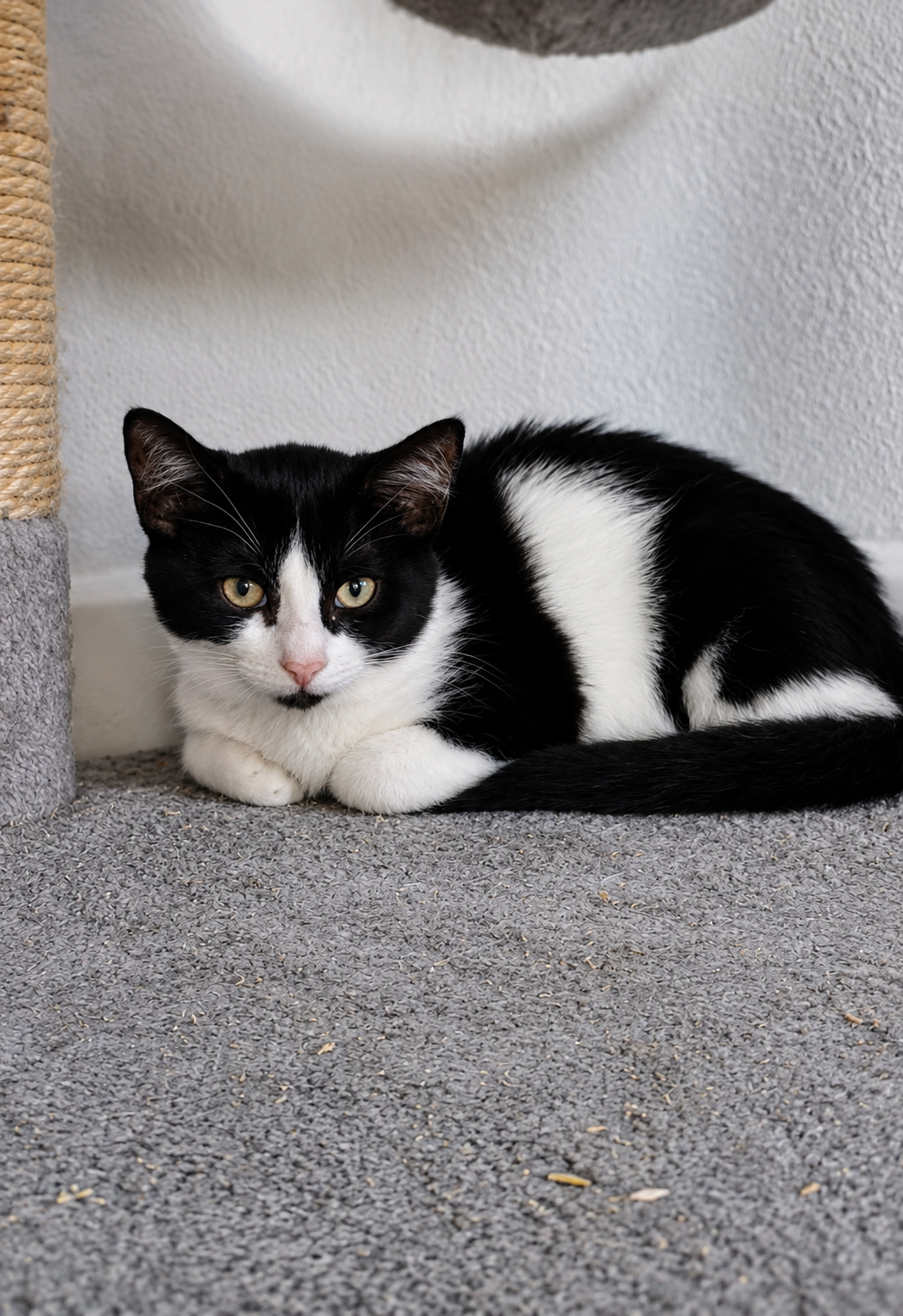 ein schwarz weisses kitten liegt auf einem kratzbaum