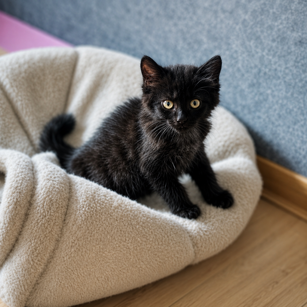 ein schwarzes kitten liegt im körbchen